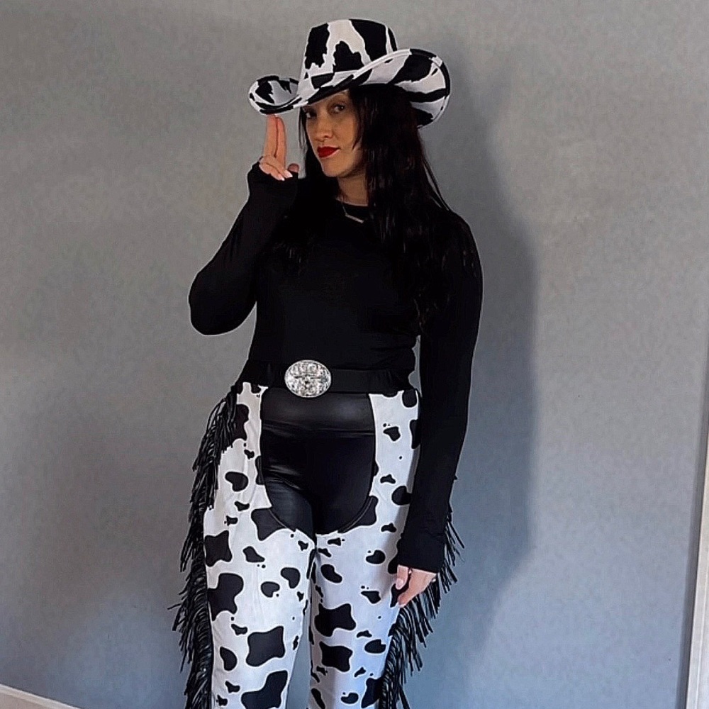 Cow Print Flare Chaps - Black and White 🤠 - Picture 2 of 7